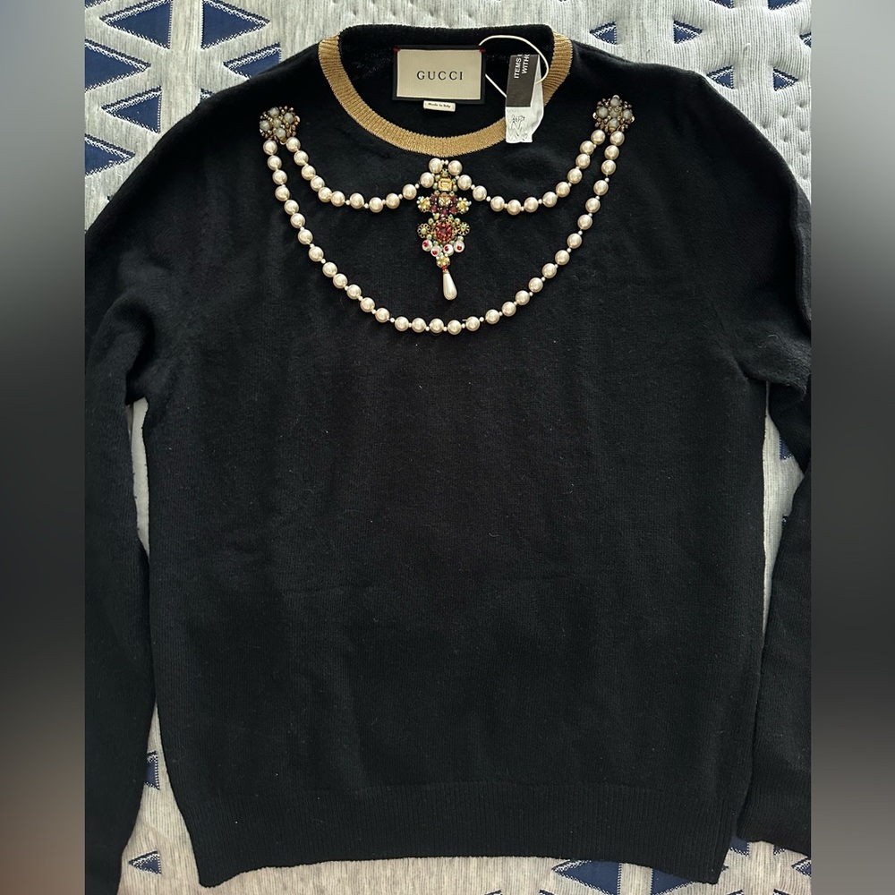 2016 Crew Neck Gucci Sweater Black w/ pearls embellishments. Size medium/large.